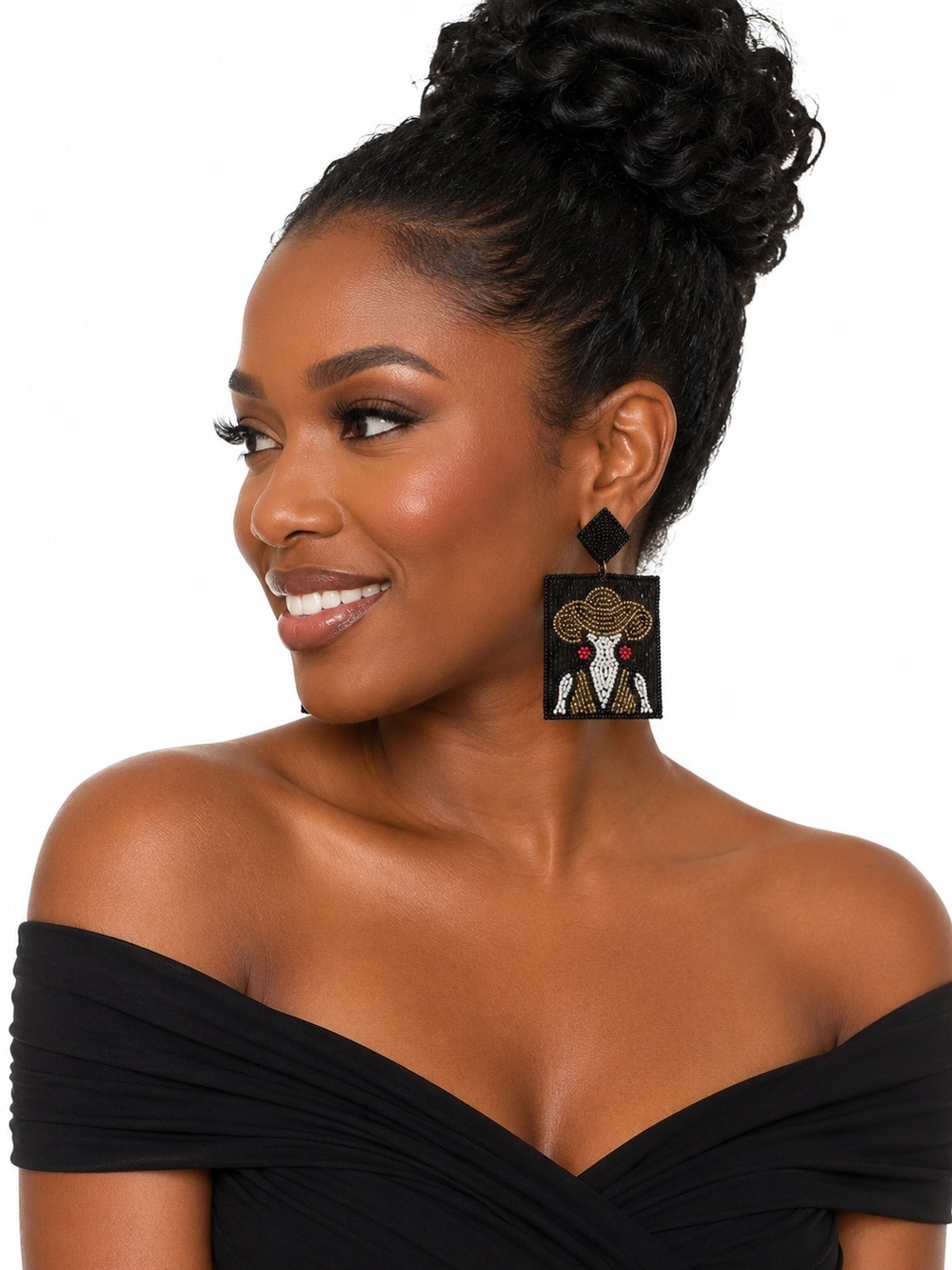 Kay Lee New York Beaded Lady Statement Drop Earrings Black Gold